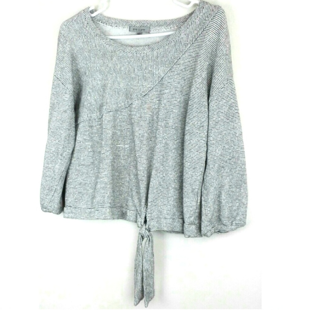 Grey & Gray Long Sleeve Stripe Tie Front Top Large